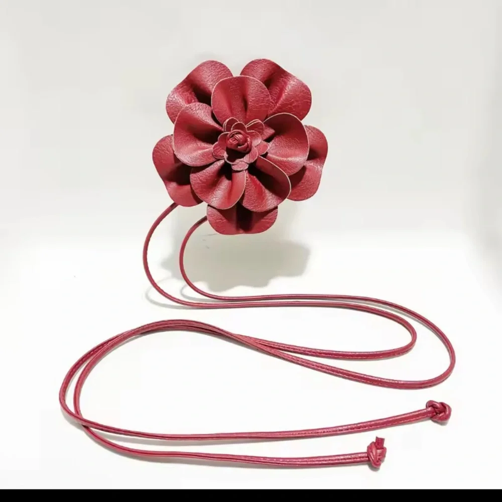 Red Floral Leather Waist Belt with large Flower